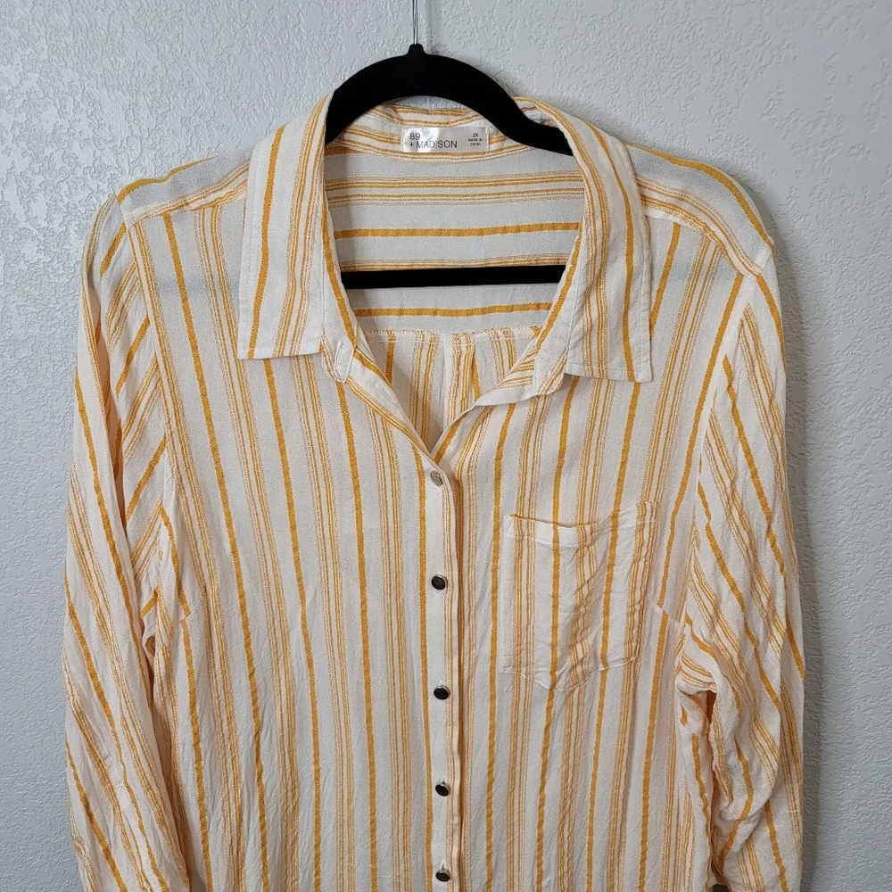 89+Madison 3/4 sleeve button up roll tab yellow stripe crepe collared sh…